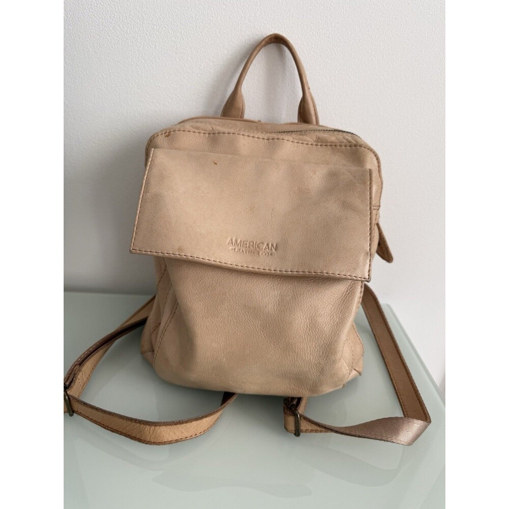 ✿ American Leather Co Beige Genuine Leather Backpack Purse Soft Minimalist Bag